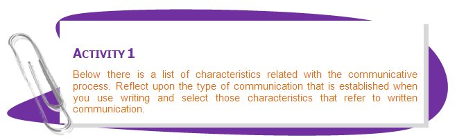 ACTIVITY 1
Below there is a list of characteristics related with the communicative process. Reflect upon the type of communication that is established when you use writing and select those characteristics that refer to written communication.
