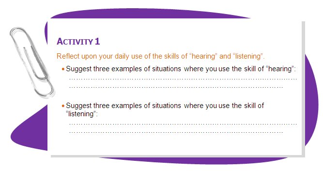 ACTIVITY 1
Reflect upon your daily use of the skills of “hearing” and “listening”.
•	Suggest three examples of situations where you use the skill of “hearing”:
……………………………………………………………………………………………………………………………………………………………………

•	Suggest three examples of situations where you use the skill of “listening”:
