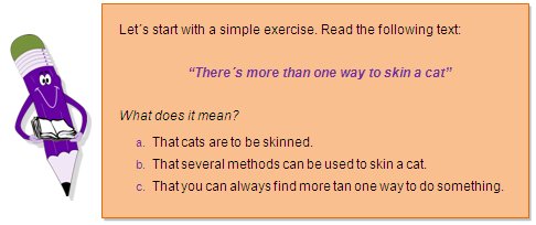 Let´s start with a simple exercise. Read the following text:
“There´s more than one way to skin a cat”
What does it mean?
a.	That cats are to be skinned.
b.	That several methods can be used to skin a cat.
c.	That you can always find more tan one way to do something.
