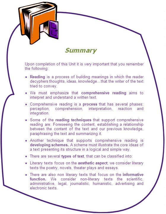 Summary

Upon completion of this Unit it is very important that you remember the following:
•	Reading is a process of building meanings in which the reader decyphers thoughts, ideas, knowledge…that the writer of the text tried to convey.
•	We must emphasize that comprehensive reading aims to interpret and understand a written text. 
•	Comprehensive reading is a process that has several phases: perception, comprehension, interpretation, reaction and integration. 
•	Some of the reading techniques that support comprehensive reading are: Foreseeing the content, establishing a relationship between the content of the text and our previous knowledge, paraphrasing the text and summarizing it.
•	Another technique that supports comprehensive reading is developing schemes. A scheme must illustrate the core ideas of a text presenting its structure in a logical and simple way.  
•	There are several types of text, that can be classified into: 
•	Literary texts focus on the aesthetic aspect; we consider literary texts the poetry, novels, theater plays and essays.
•	There are also non literary texts that focus on the informative function. We consider non-literary texts the scientific, administrative, legal, journalistic, humanistic, advertising and electronic texts

