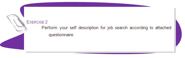 EXERCISE 2
Perform your self description for job search according to attached questionnaire.
