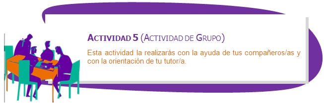 ACTIVIDAD 5 (ACTIVIDAD DE GRUPO)
Esta actividad la realizarás con la ayuda de tus compañeros/as y con la orientación de tu tutor/a.
