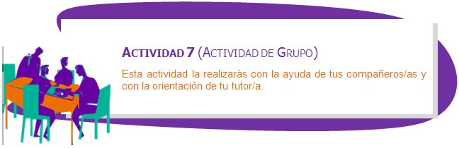 ACTIVIDAD 7 (ACTIVIDAD DE GRUPO)
Esta actividad la realizarás con la ayuda de tus compañeros/as y con la orientación de tu tutor/a.
