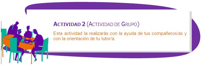 ACTIVIDAD 2 (ACTIVIDAD DE GRUPO)
Esta actividad la realizarás con la ayuda de tus compañeros/as y con la orientación de tu tutor/a.
