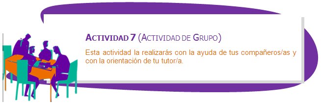 ACTIVIDAD 7 (ACTIVIDAD DE GRUPO)
Esta actividad la realizarás con la ayuda de tus compañeros/as y con la orientación de tu tutor/a.
