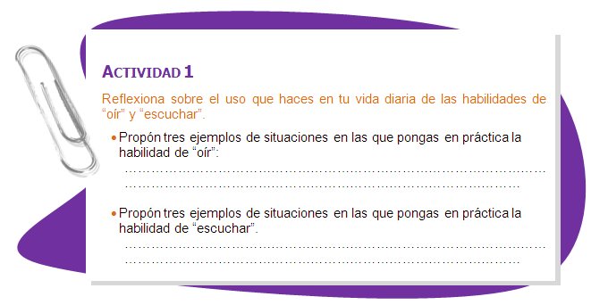 ACTIVIDAD 1
Reflexiona sobre el uso que haces en tu vida diaria de las habilidades de “oír” y “escuchar”.
•	Propón tres ejemplos de situaciones en las que pongas en práctica la habilidad de “oír”: 
•	Propón tres ejemplos de situaciones en las que pongas en práctica la habilidad de “escuchar”.
