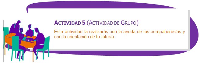 ACTIVIDAD 5 (ACTIVIDAD DE GRUPO)
Esta actividad la realizarás con la ayuda de tus compañeros/as y con la orientación de tu tutor/a.
