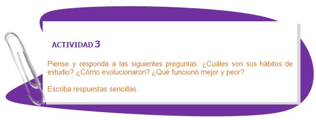 ACTIVIDAD 3
Piense y responda a las siguientes preguntas: ¿Cuáles son sus hábitos de estudio? ¿Cómo evolucionaron? ¿Qué funcionó mejor y peor? 
Escriba respuestas sencillas.
