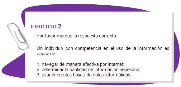 EJERCICIO 2
Por favor marque la respuesta correcta.
Un individuo con competencia en el uso de la información es capaz de:

1. navegar de manera efectiva por Internet;
2. determinar la cantidad de información necesaria; 
3. usar diferentes bases de datos informáticas.
