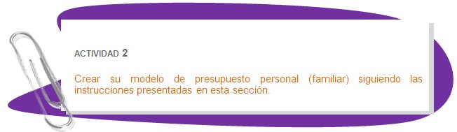 ACTIVIDAD 2
Crear su modelo de presupuesto personal (familiar) siguiendo las instrucciones presentadas en esta sección.
