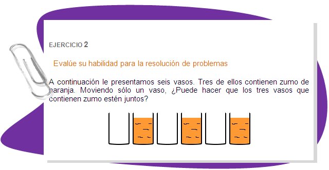 EJERCICIO 2
Evalúe su habilidad para la resolución de problemas 
A continuación le presentamos seis vasos. Tres de ellos contienen zumo de naranja. Moviendo sólo un vaso, ¿Puede hacer que los tres vasos que contienen zumo estén juntos?
