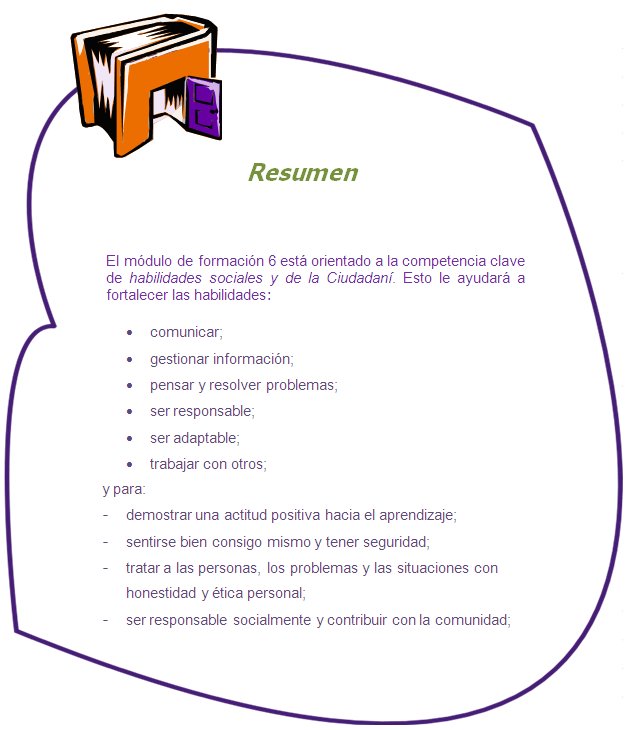 Resumen

El módulo de formación 6 está orientado a la competencia clave de habilidades sociales y de la Ciudadaní. Esto le ayudará a fortalecer las habilidades:
•	comunicar;
•	gestionar información;
•	pensar y resolver problemas;
•	ser responsable;
•	ser adaptable;
•	trabajar con otros; 
y para: 
-	demostrar una actitud positiva hacia el aprendizaje;
-	sentirse bien consigo mismo y tener seguridad;
-	tratar a las personas, los problemas y las situaciones con honestidad y ética personal;
-	ser responsable socialmente y contribuir con la comunidad;
