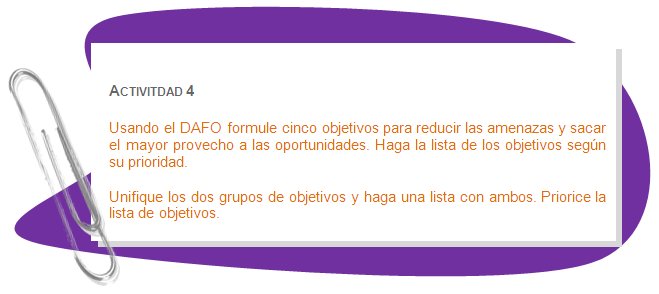 ACTIVITDAD 4
Usando el DAFO formule cinco objetivos para reducir las amenazas y sacar el mayor provecho a las oportunidades. Haga la lista de los objetivos según su prioridad.
Unifique los dos grupos de objetivos y haga una lista con ambos. Priorice la lista de objetivos.
