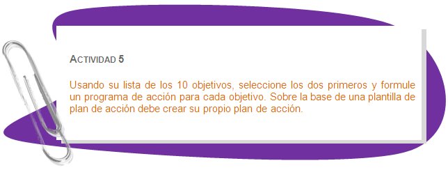 ACTIVIDAD 5
Usando su lista de los 10 objetivos, seleccione los dos primeros y formule un programa de acción para cada objetivo. Sobre la base de una plantilla de plan de acción debe crear su propio plan de acción.
