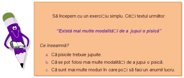 Let´s start with a simple exercise. Read the following text:
“There´s more than one way to skin a cat”
What does it mean?
a.	That cats are to be skinned.
b.	That several methods can be used to skin a cat.
c.	That you can always find more tan one way to do something.
