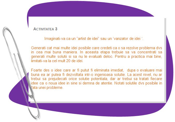 ACTIVITY 3
Think of yourself as an idea artist or an idea vendor. 
Generate as many ideas as possible to that you think will solve your problem in a best way. At this stage you should concentrate on generating many solutions and should not evaluate them at all. For practice better to limit yourself to 20 ideas at most.
Very often an idea, which would have been discarded immediately, when evaluated properly can be developed into a superb solution. At this stage, you should not pre-judge any potential solutions but should treat each idea as a new idea in its own right and worthy of consideration. Write down your possible solutions in front of problem.
